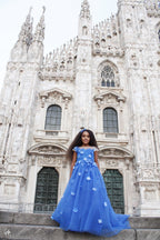 Prinzessin Ballkleid Blumenmädchenkleid mit Applikationen und Schleife Königsblau 
