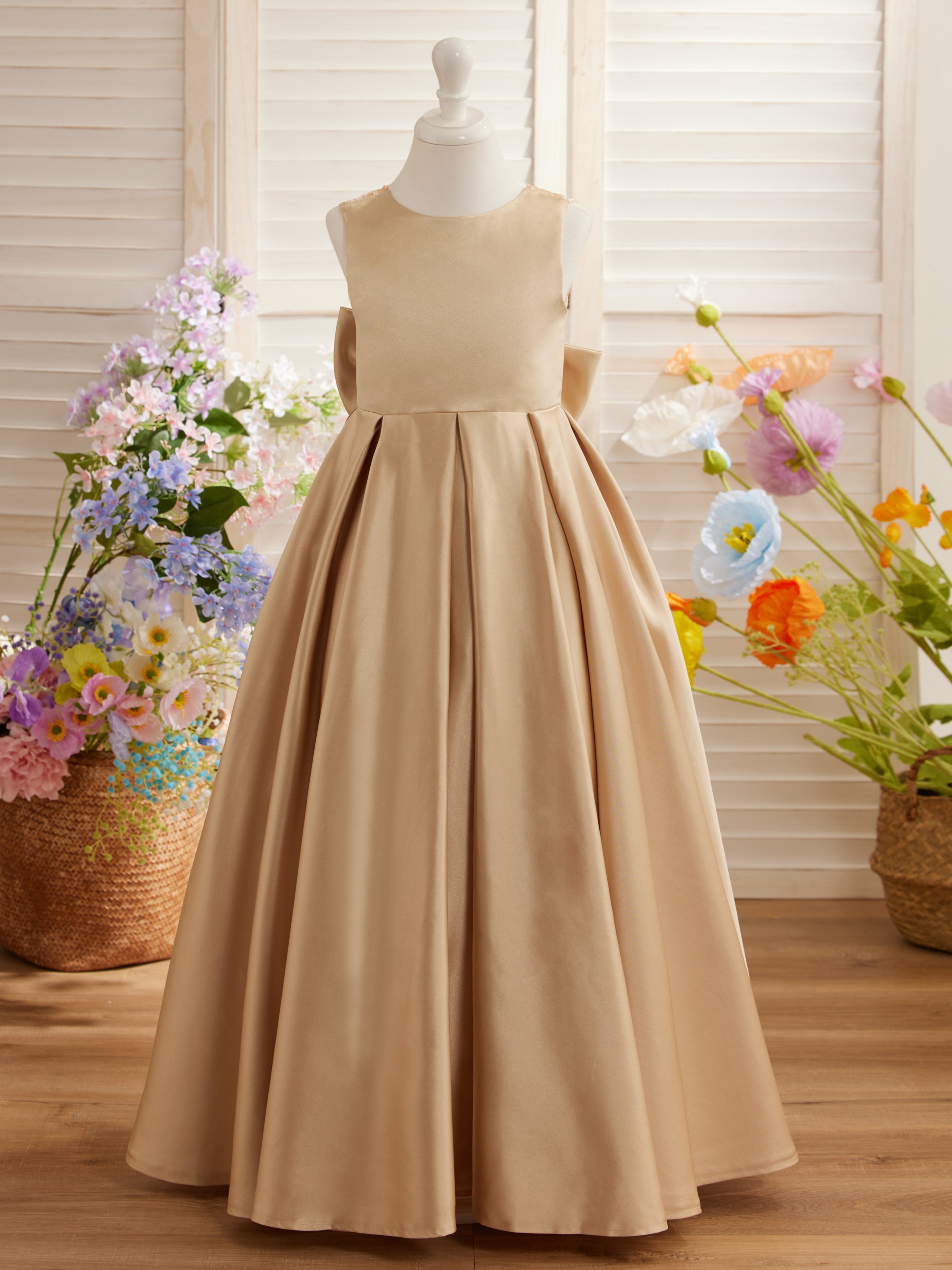 A-Linie Spitze Satin Bodenlang Erstkommunionkleid für Blumenmädchen 