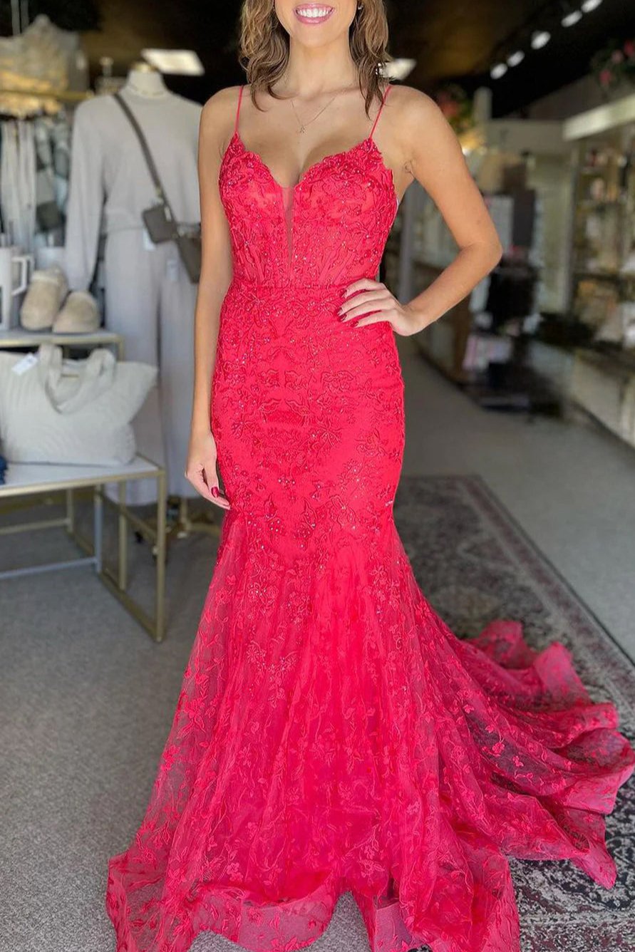 Kanika | Vestidos de fiesta de encaje sirena con escote en V en rosa intenso