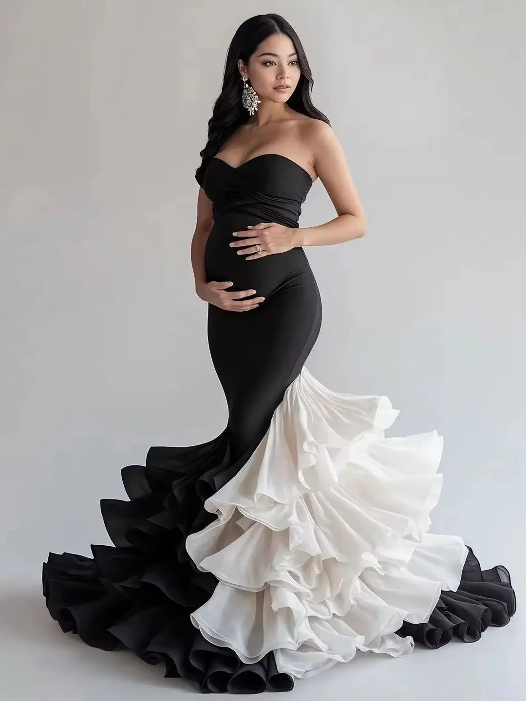 2025 Black and White New Mermaid Maternity Photoshoot Dress Summer Long Gown for Maternity Shoot Sunnderly