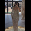 2025 Nude Strapless Evening Gown with Beaded Tassel and Detachable Fringe Short Cape for Formal Occasion LA72876