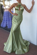 Lilo | Vestido de fiesta largo con corsé halter, corte sirena y roseta, color salvia