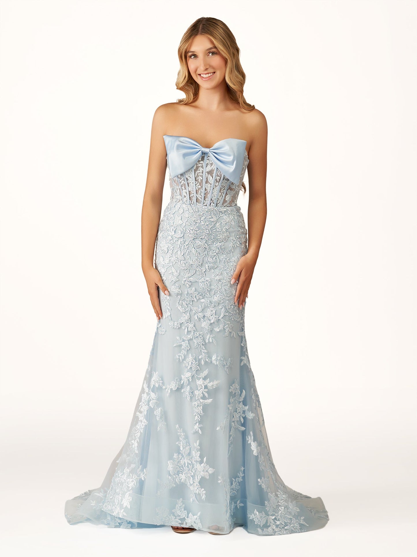 Arvin | Strapless Red Mermaid Lace Appliques Long Prom Dress with Bow