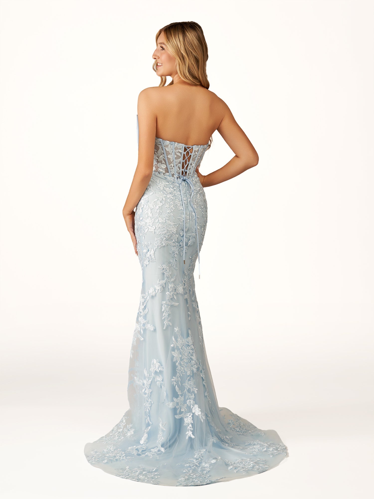 Arvin | Strapless Red Mermaid Lace Appliques Long Prom Dress with Bow