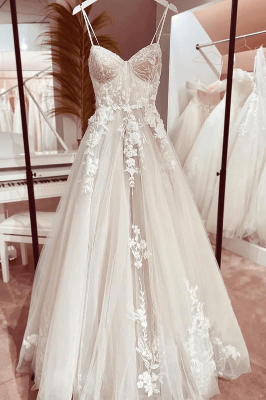 Prinzessin Spitze Brautkleid Braut Robe 2024 Vestido Spaghetti-Trägern Kapelle Zug Champagner Tüll Brautkleid 