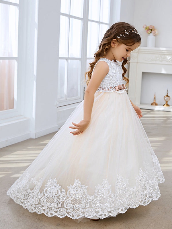Vestido de fiesta/princesa de tul con cola larga color marfil para niña de las flores