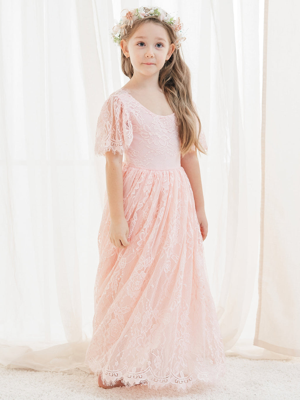 A-Linien-Spitze Knöchellanges Elfenbein Boho Blumenmädchenkleid 