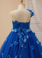 Prinzessin Ballkleid Blumenmädchenkleid mit Applikationen und Schleife Königsblau 