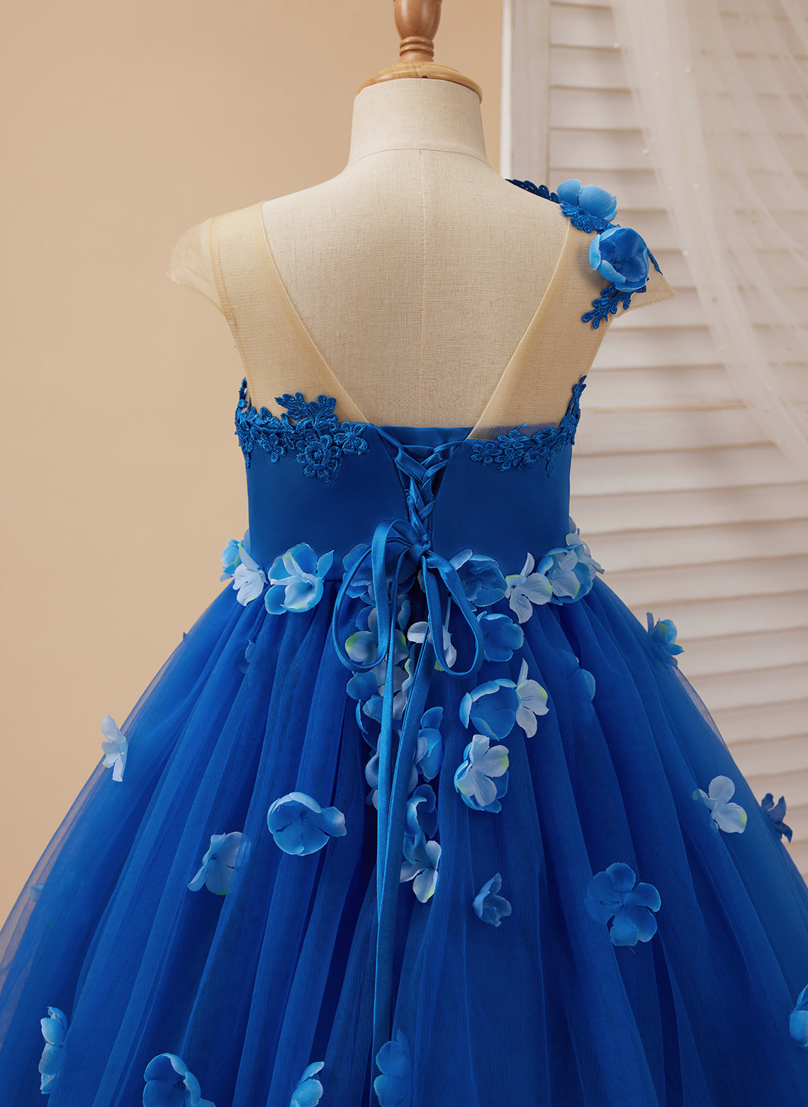 Prinzessin Ballkleid Blumenmädchenkleid mit Applikationen und Schleife Königsblau 