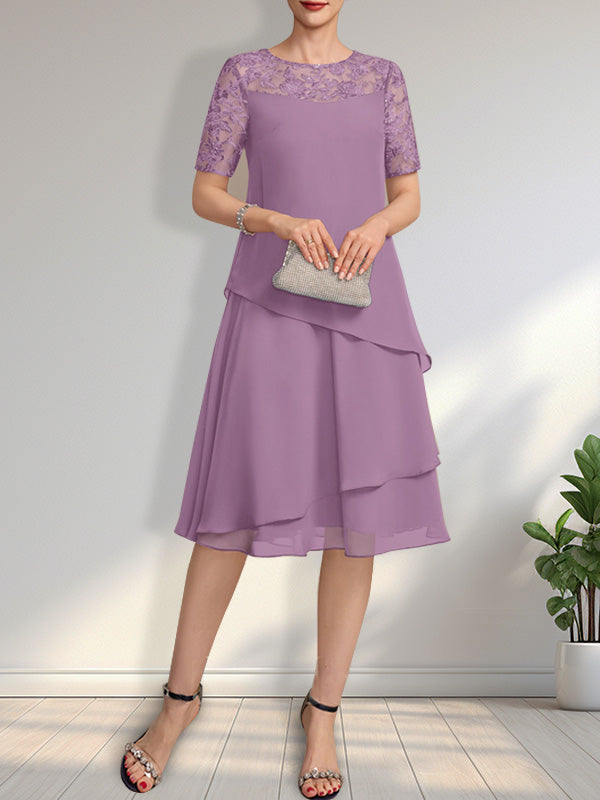 Vestido de gasa con encaje y lentejuelas para madre de la novia, corte A, escote ilusión, largo hasta la rodilla