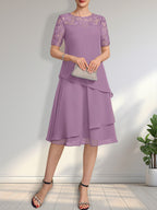 Vestido de gasa con encaje y lentejuelas para madre de la novia, corte A, escote ilusión, largo hasta la rodilla