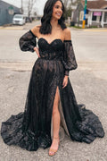 Trina | Vestidos de fiesta largos con lentejuelas negras, corte en A y escote corazón
