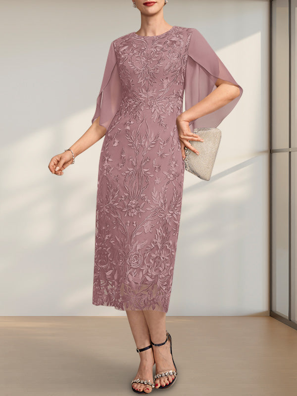 Vestido para madre de la novia de gasa con encaje, corte tubo, escote redondo y largo hasta la rodilla