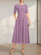 Vestido de gasa para madre de la novia, corte A, escote redondo, largo hasta la rodilla, con apliques de encaje y lentejuelas