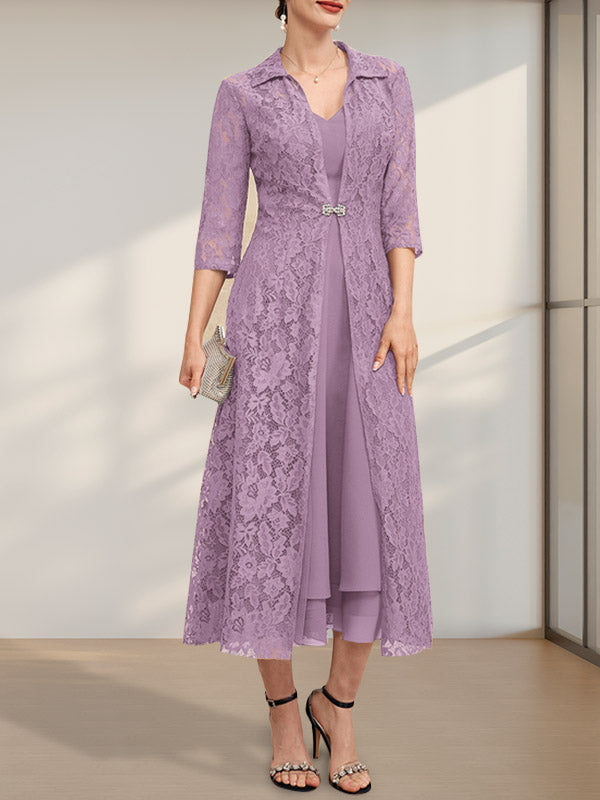 A-Linie V-Ausschnitt Wadenlanges Chiffonkleid für die Brautmutter
