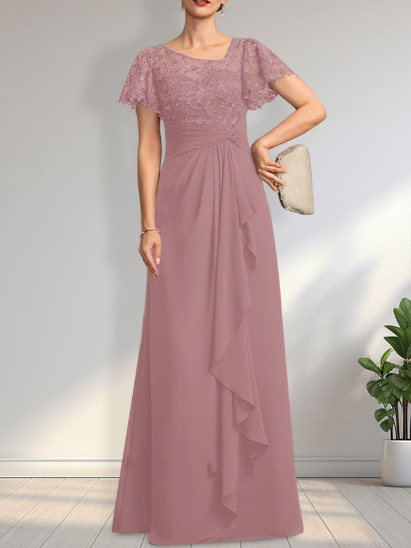 A-line Asymmetrical Illusion Floor-Length Lace Chiffon Mother of the Bride Dress With Cascading Ruffles Sequins