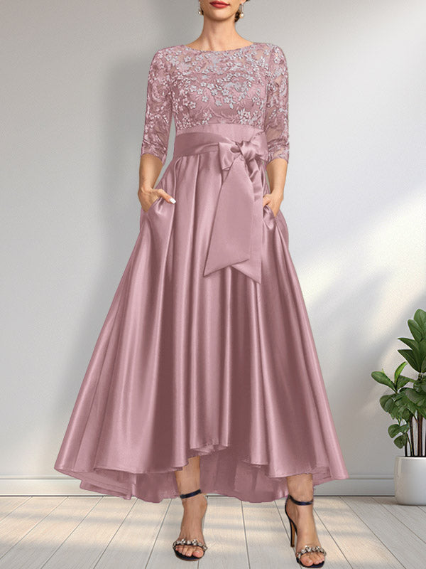 Vestido de madre de la novia de encaje satinado asimétrico con ilusión de corte A y lazo
