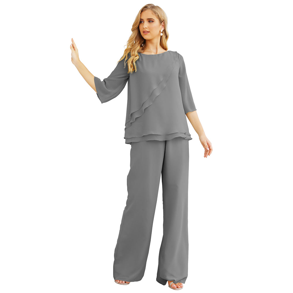 Sunnderly Chiffon Mother of The Bride Dress Plus Size Pant Suits Ruffle Layers