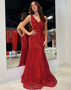 Elegantes V-Ausschnitt Sexy Ärmelloses Meerjungfrau-Abschlussballkleid Orange Abendkleid Y5188