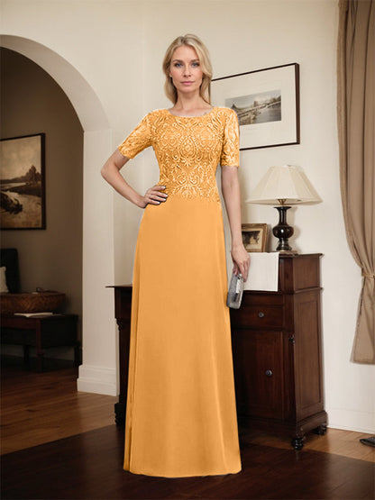 Vestido de gasa con encaje y lentejuelas para madre de la novia, corte A, largo hasta el suelo
