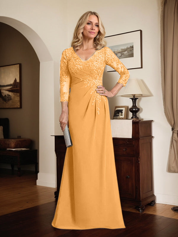 Vestido de madre de la novia de gasa con encaje, escote en V, ilusión, largo hasta el suelo, con lentejuelas plisadas