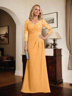 Vestido de madre de la novia de gasa con encaje, escote en V, ilusión, largo hasta el suelo, con lentejuelas plisadas