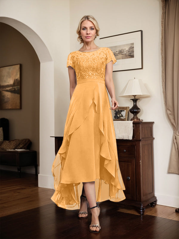 Vestido de madre de la novia de gasa asimétrica con escote en A, ilusión, encaje, lazo, volante y lentejuelas