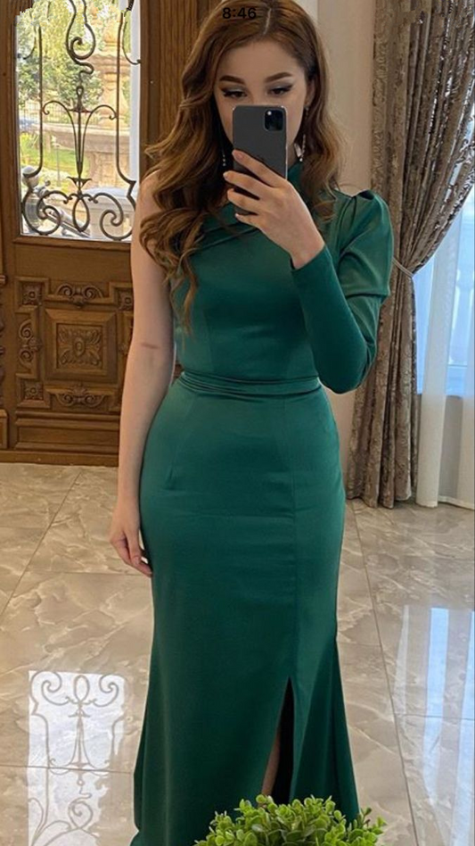 Charming Green One Sleeve Mermaid Prom Dress Green Evening Gown Y5520