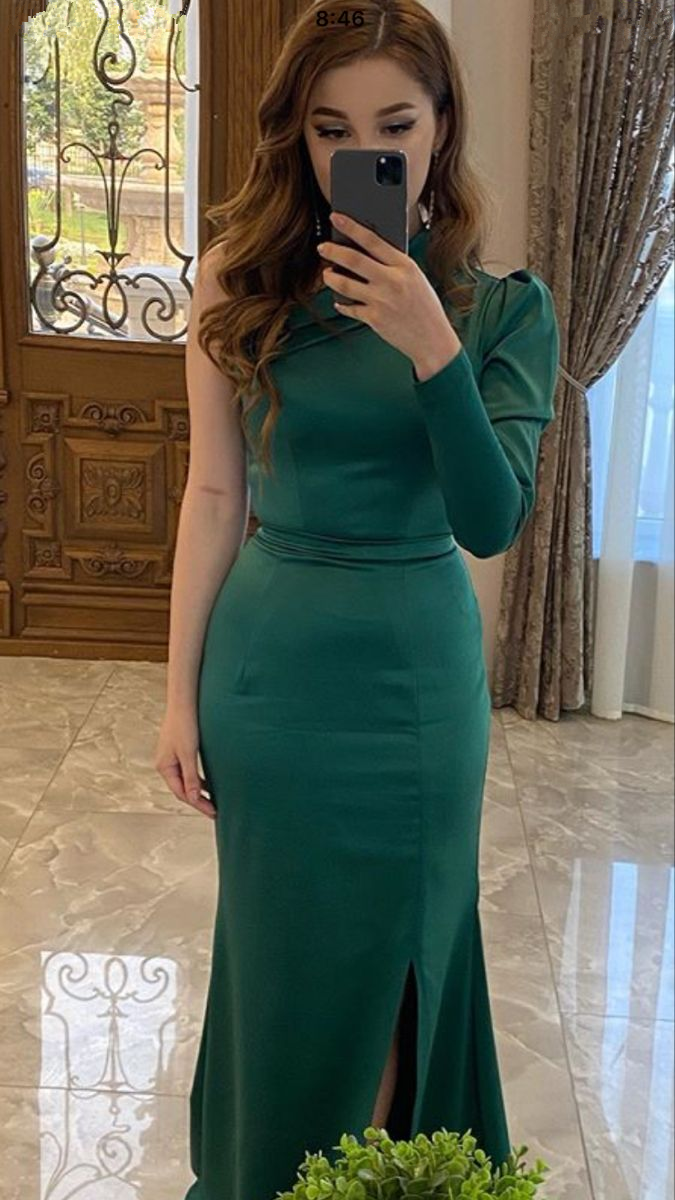 Charming Green One Sleeve Mermaid Prom Dress Green Evening Gown Y5520