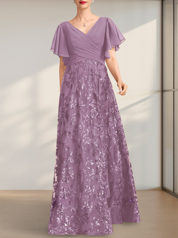 A-Linie V-Ausschnitt Bodenlang Spitze Pailletten Chiffon Mutter der Braut Kleid Mit Plissee