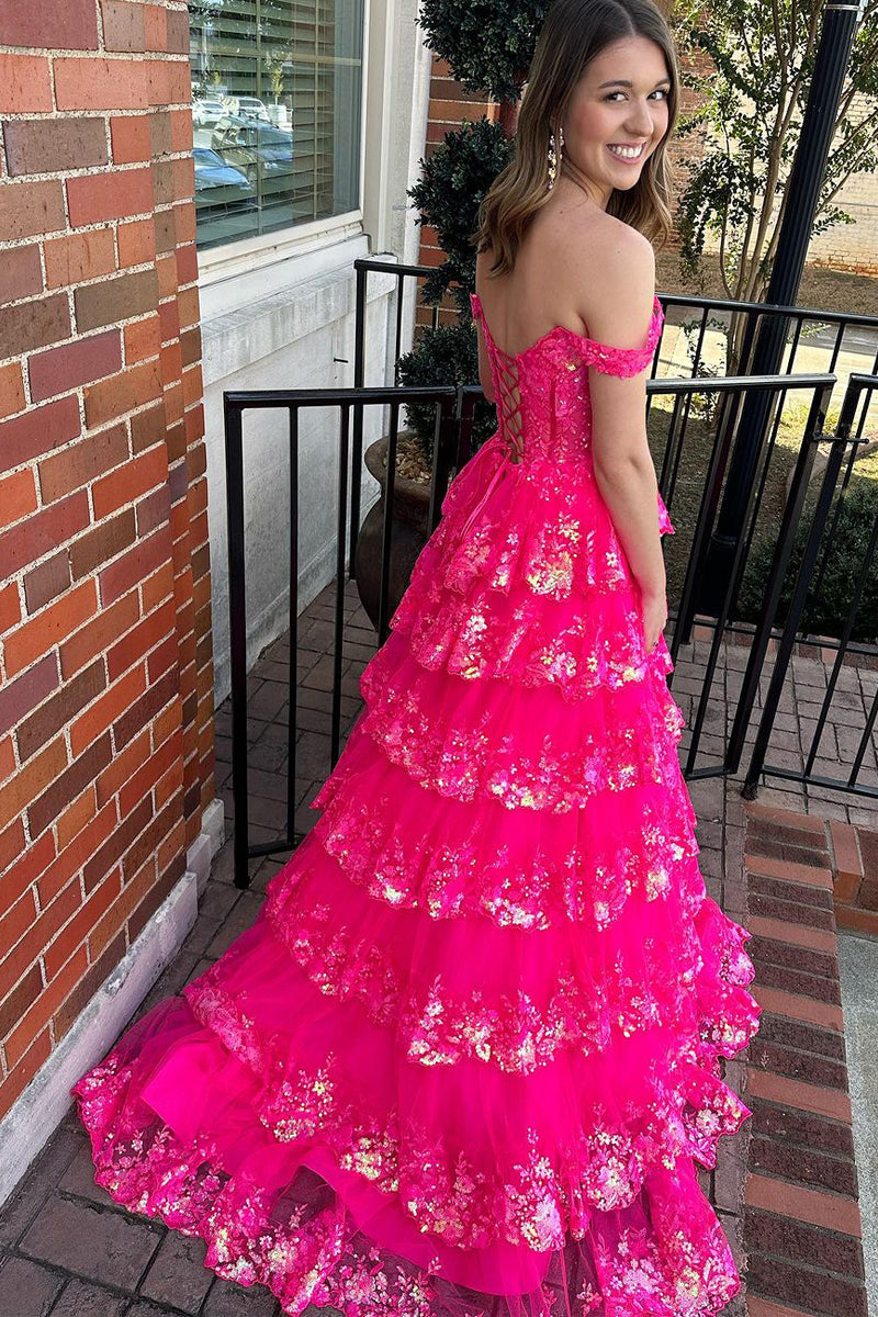 Leona | Vestido de fiesta de princesa con hombros descubiertos y encaje con lentejuelas