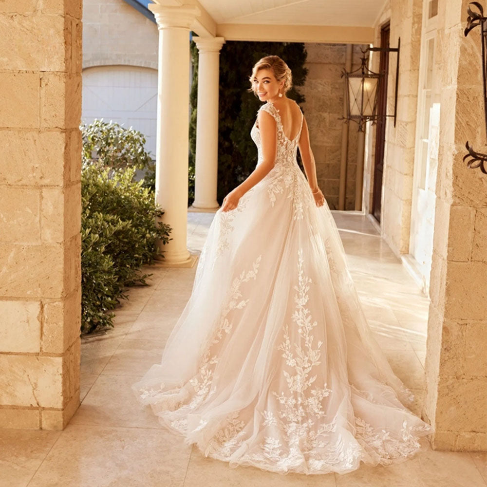 Elegant Wedding Dress For Women V-Neck Cap Sleeve Lace Appliques Vestido De Noiva With Button Sweep Train Custom Made-payinti