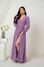Vestidos de noche Sunnderly con escote en V profundo, gasa, para dama de honor, manga larga de obispo, abertura lateral, vestido formal SY2806 