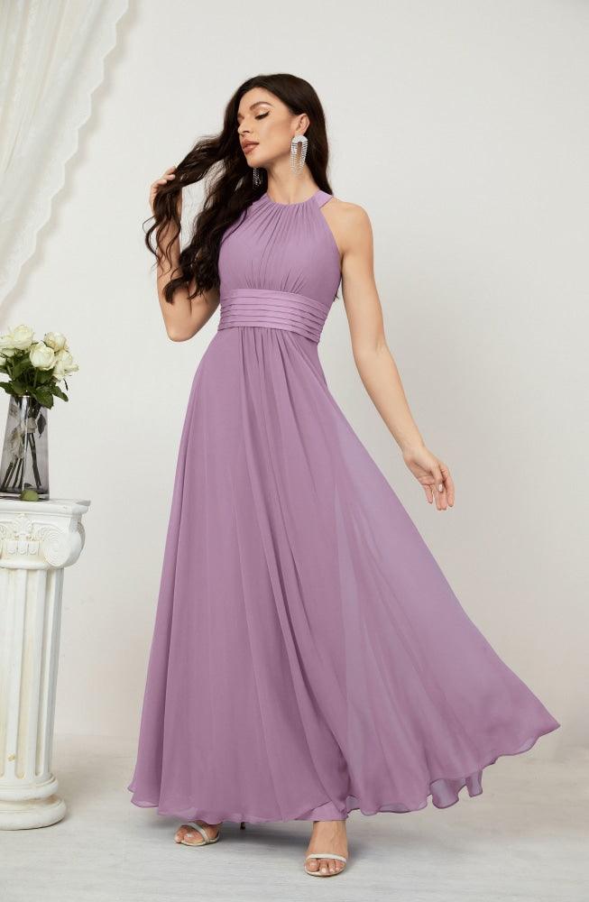 Vestido formal de fiesta Sunnderly de gasa con cuello halter, largo y sin mangas, para dama de honor SY2802 