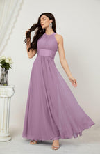 Vestido formal de fiesta Sunnderly de gasa con cuello halter, largo y sin mangas, para dama de honor SY2802 