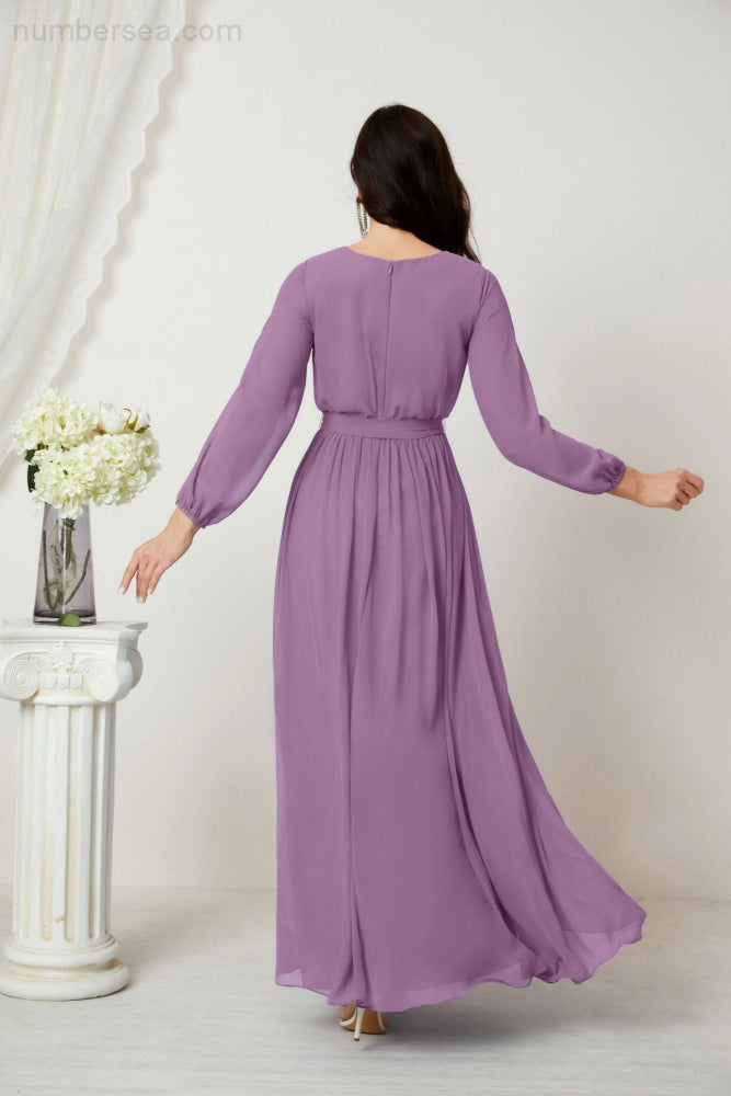 Vestidos de noche Sunnderly con escote en V profundo, gasa, para dama de honor, manga larga de obispo, abertura lateral, vestido formal SY2806 