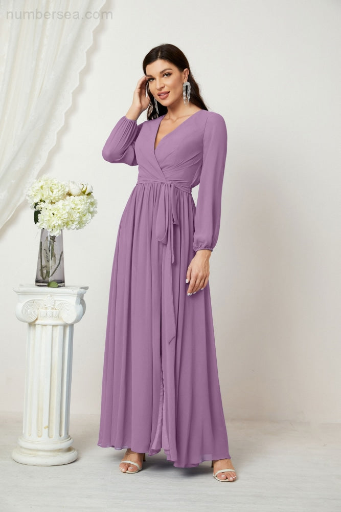 Vestidos de noche Sunnderly con escote en V profundo, gasa, para dama de honor, manga larga de obispo, abertura lateral, vestido formal SY2806 