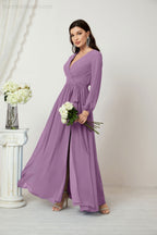 Vestidos de noche Sunnderly con escote en V profundo, gasa, para dama de honor, manga larga de obispo, abertura lateral, vestido formal SY2806 