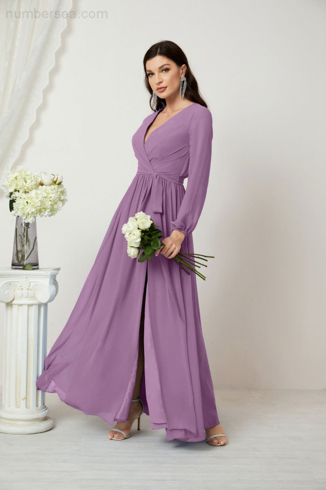 Vestidos de noche Sunnderly con escote en V profundo, gasa, para dama de honor, manga larga de obispo, abertura lateral, vestido formal SY2806 
