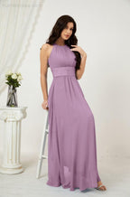 Vestido formal de fiesta Sunnderly de gasa con cuello halter, largo y sin mangas, para dama de honor SY2802 