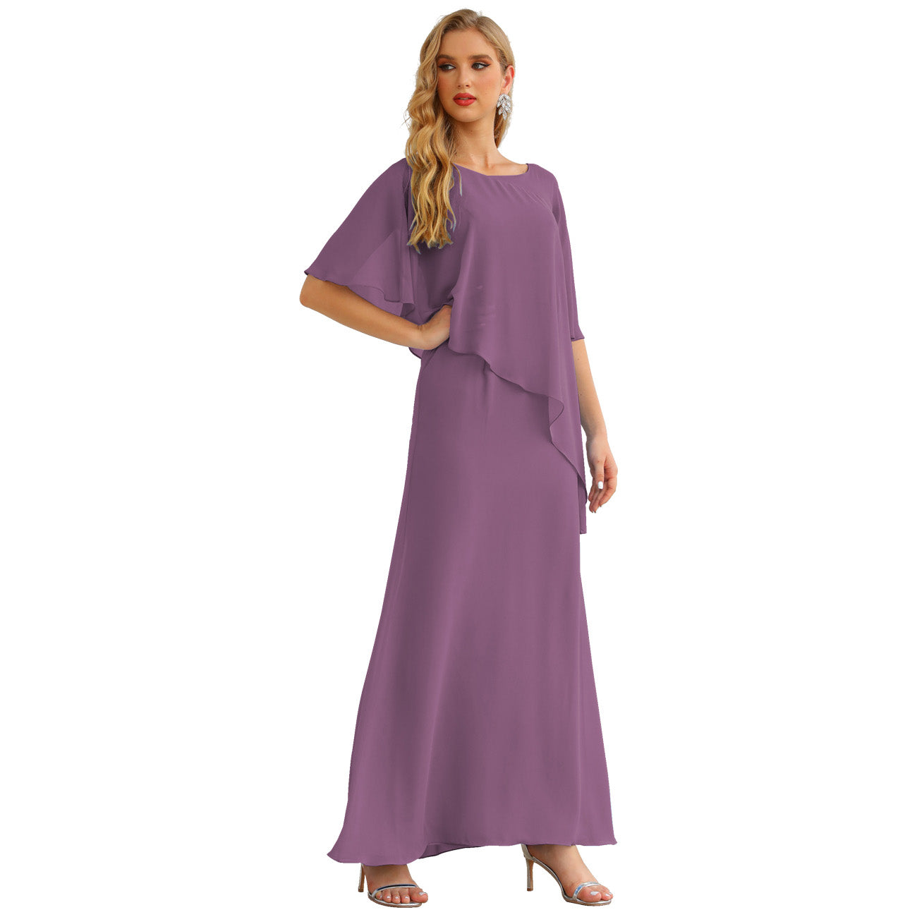 Sunnderly Chiffon Plus Size Mother of The Bride Dresses Formal Prom Gown Ruffle Cape