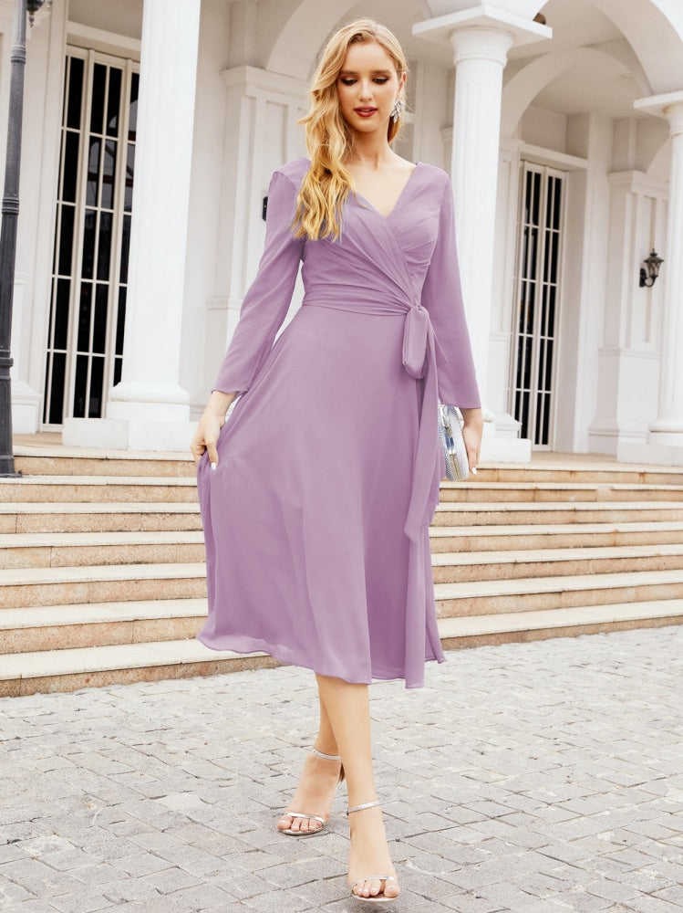 Vestido de dama de honor con escote en V y cinturón para madre de la novia, invitada de boda SY28031 