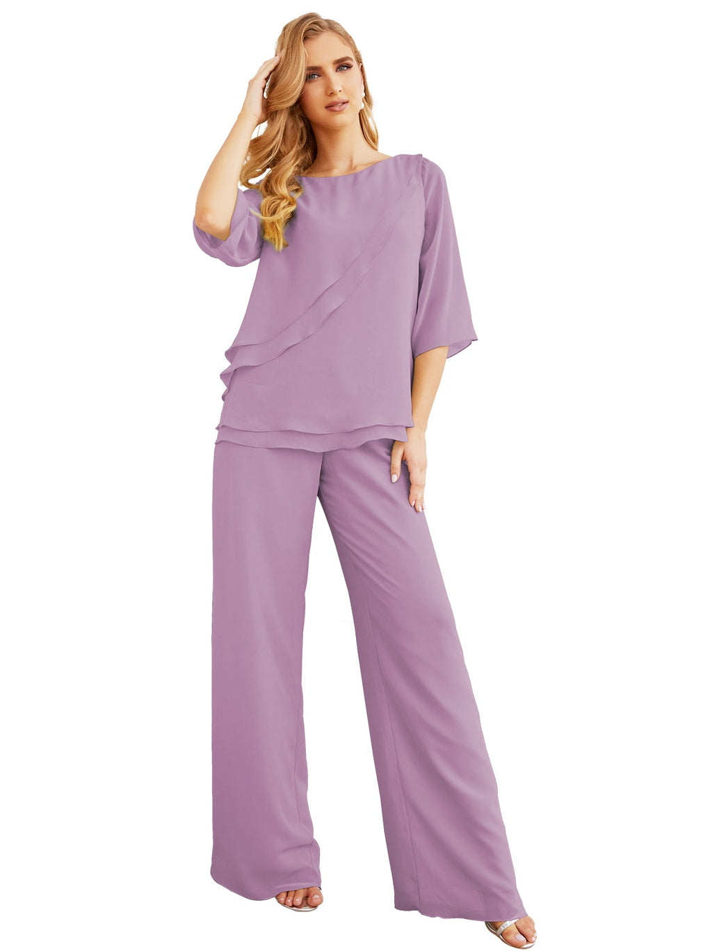 Elegante vestido de dos piezas para madre de la novia, talla grande, pantalón, capas con volantes, bata plateada SY28064 