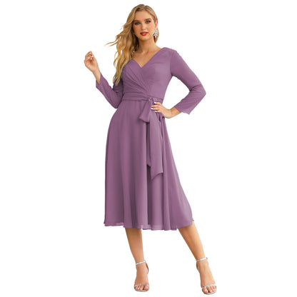 Sunnderly Chiffon Bridesmaid Dress V-Back Waist Belt Formal Prom Gown Mother of The Bride Wedding Guest