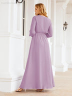 Sunnderly Women's Chiffon Bridesmaid Dress A line Long Sleeves Formal Evening Prom Gown for Wedding Guest SY28032