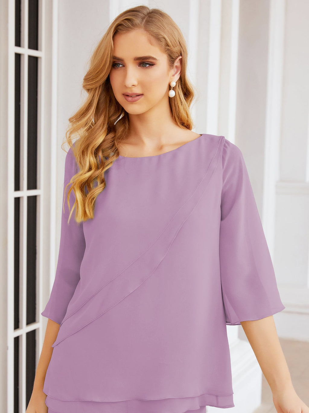 Elegante vestido de dos piezas para madre de la novia, talla grande, pantalón, capas con volantes, bata plateada SY28064 