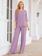 Elegante vestido de dos piezas para madre de la novia, talla grande, pantalón, capas con volantes, bata plateada SY28064 