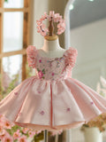 Blumenstickerei Pailletten Tüll Knielanges rosa Baby Mädchen Kleid