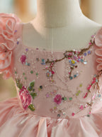 Blumenstickerei Pailletten Tüll Knielanges rosa Baby Mädchen Kleid