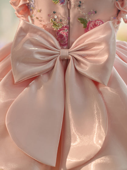 Floral Embroidery Sequins Tulle Knee-length Pink Baby Girl Dress